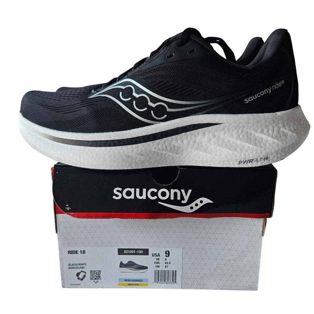 Saucony Ride 18 Mens 9 Wide Black White Running Shoes S21001-100 PWRRUN+ NEW